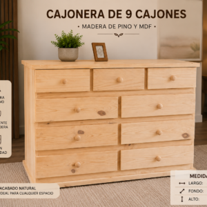 cajonera de 9 cajones de madera de pino al color natural