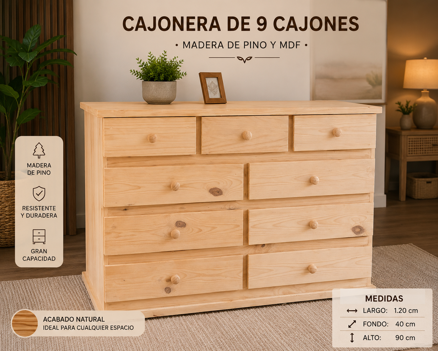 cajonera de 9 cajones de madera de pino al color natural